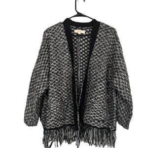 Ann Taylor Women’s Black & White Wool Blend Fringe Open-Front Knit Sweater Sz XL